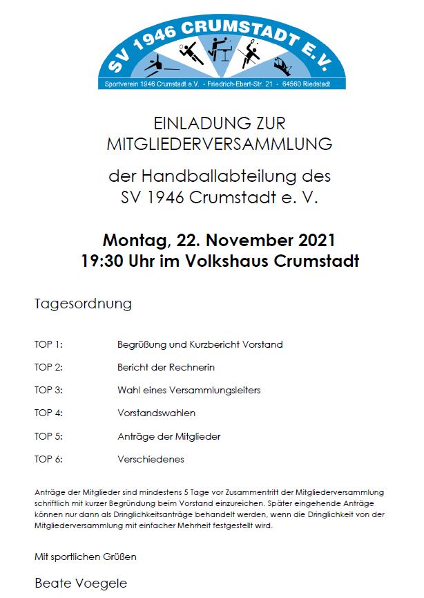 Einladung Mitgliederversammlung Handball